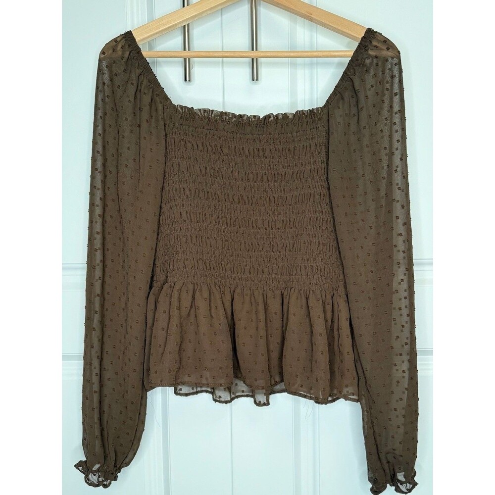 Moa Moa Girls XL 14/16 Brown Swiss Dot Smocked Peplum Top Sheer Long Sleeve
